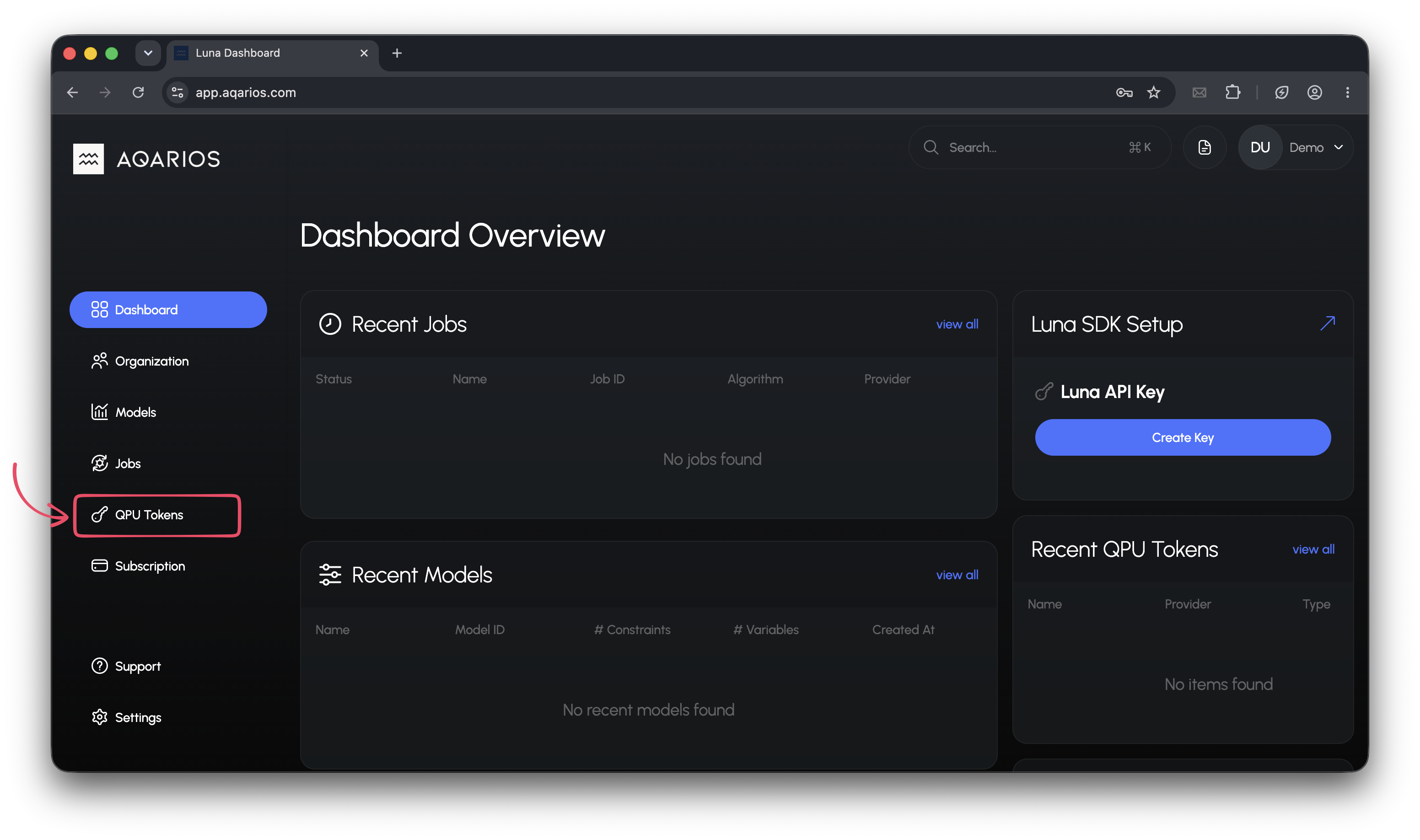 Open QPU Tokens from the sidebar