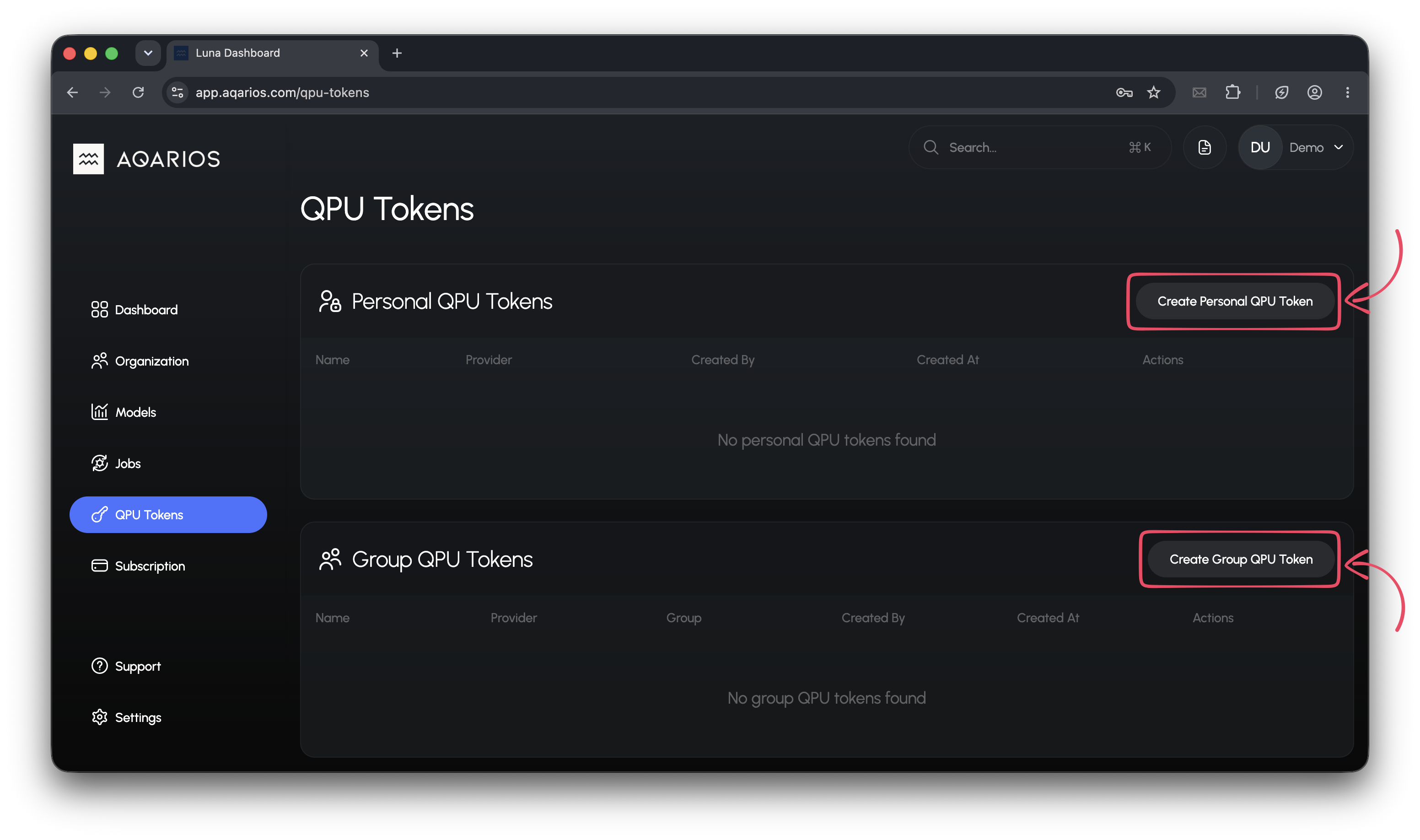 QPU Tokens page with personal and group sections