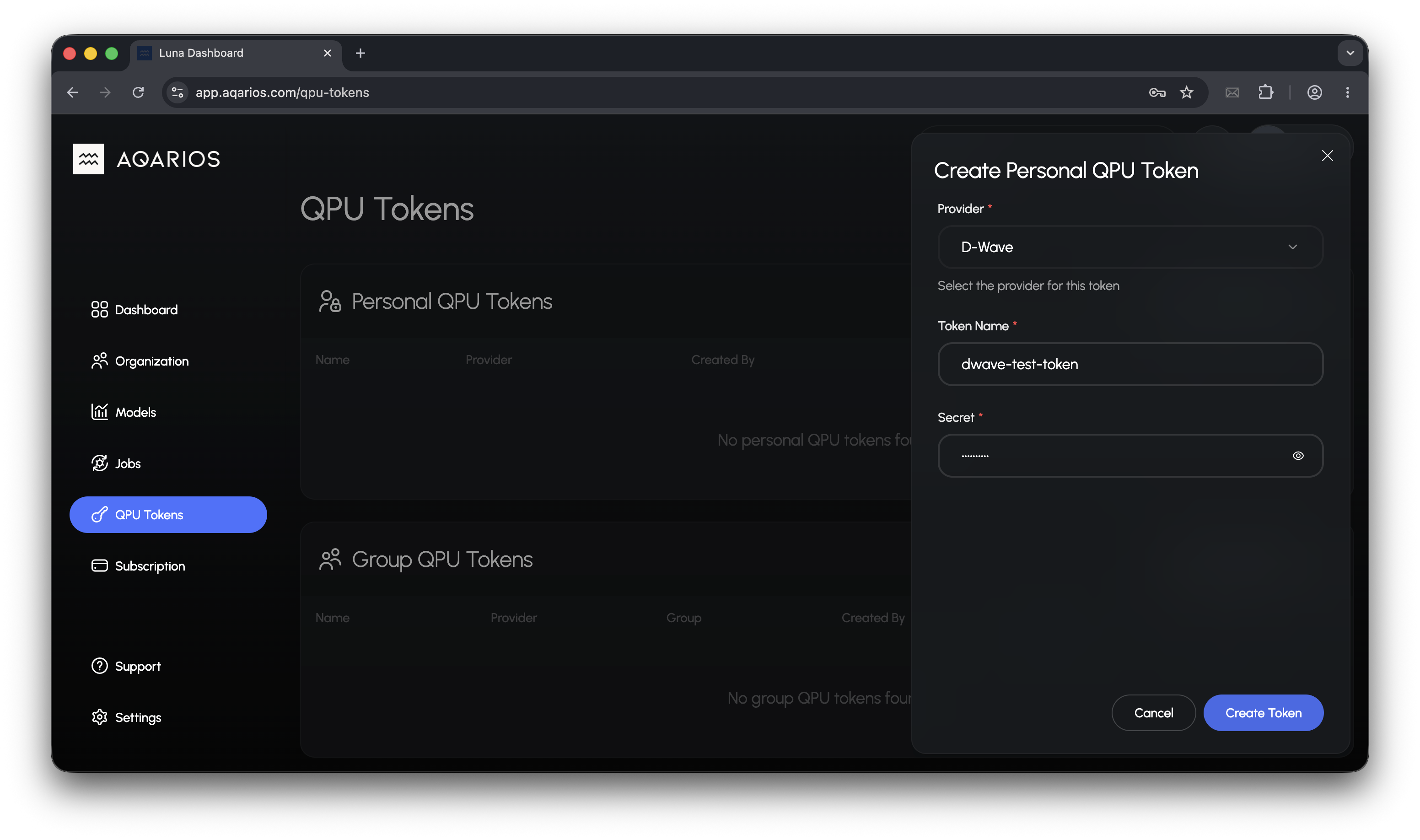 Create personal token form