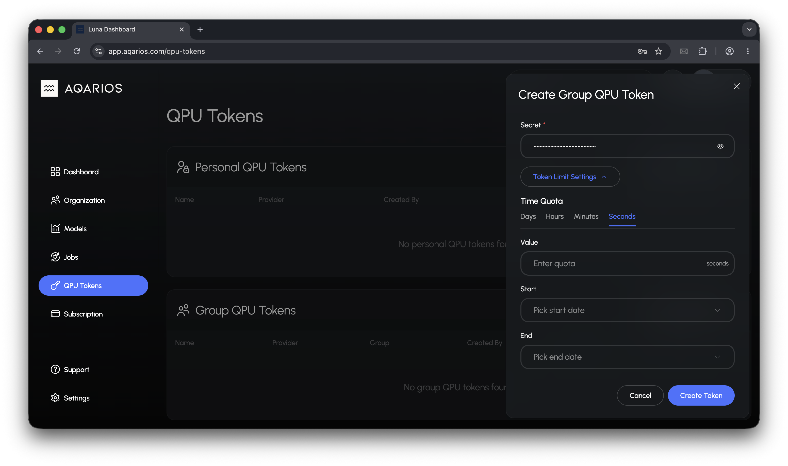 Create group token form with the Token Limit Settings panel expanded